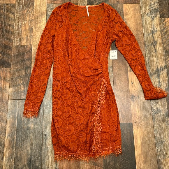 Free People Lace Dress Spanish Chestnut Brown M bohemian - Picture 2 of 4